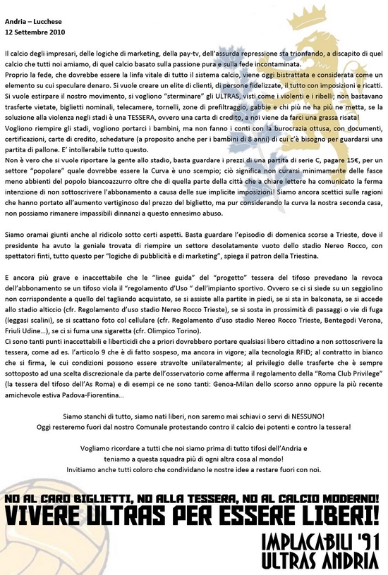 Comunicato Implacabili